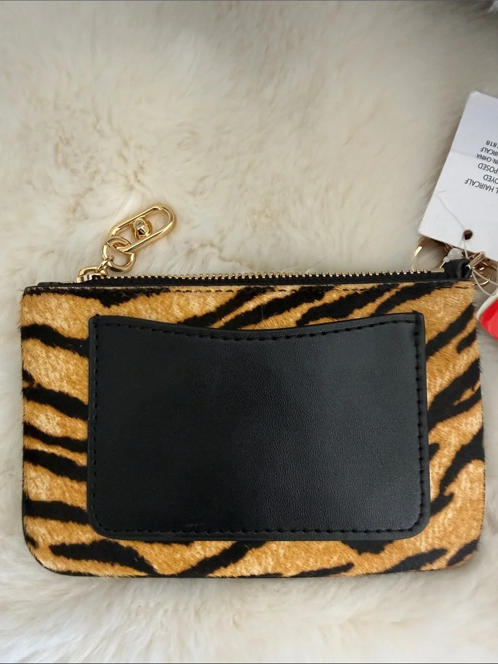 Michael Kors Tiger Stripe Haircalf Wristlet Wallet Tan/Black with Gold Hardware